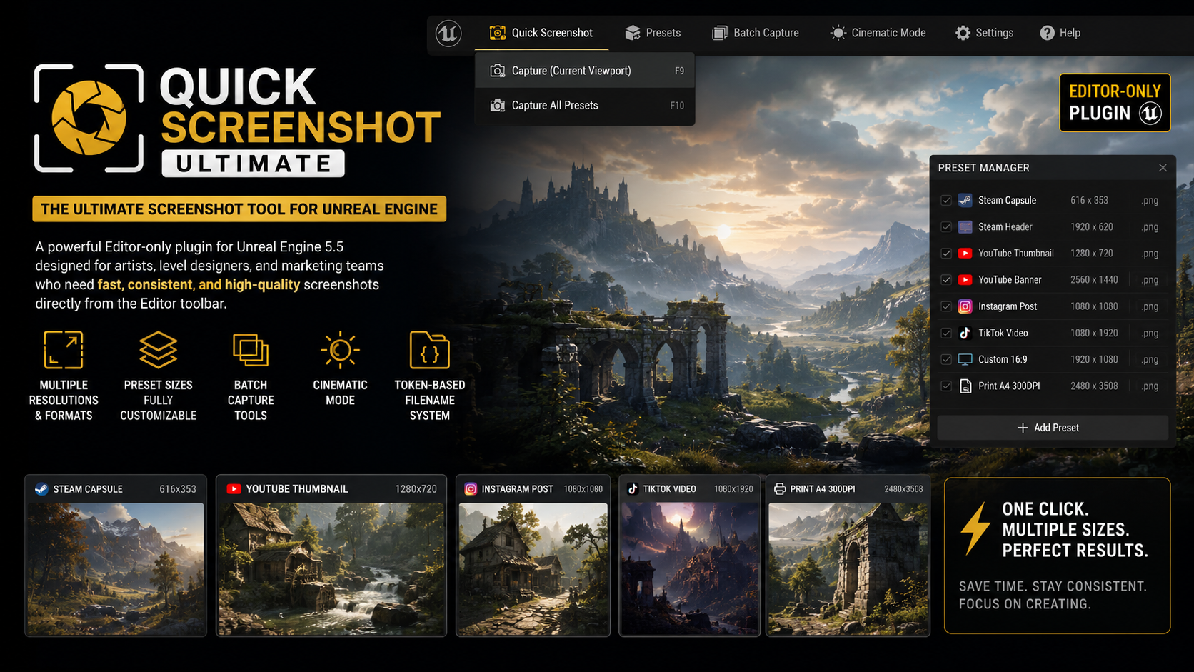 Quick Screenshot Ultimate — UE5 Editor Plugin Marketing Keyart